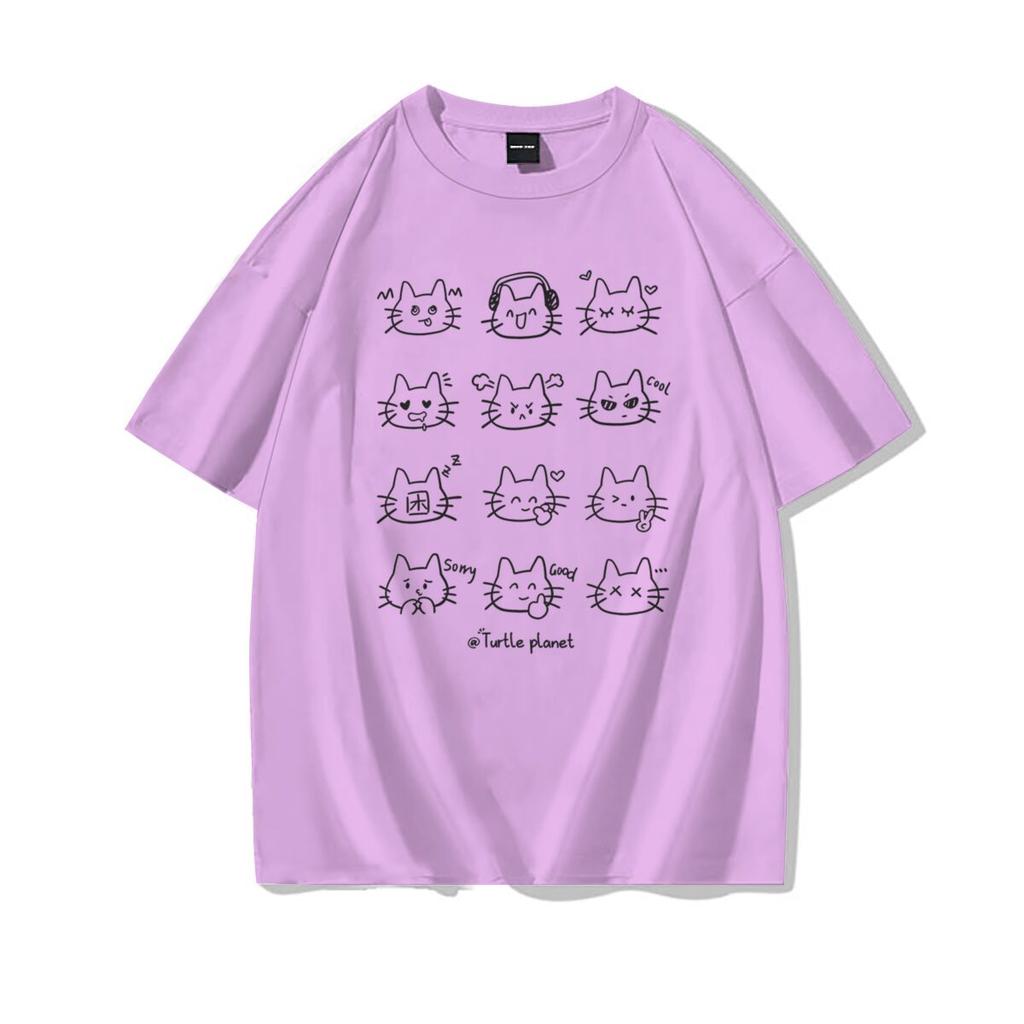 Cute Cat Print Casual Tee Shirt Cotton Harajuku Trend Girls Short Sleeve Tshirt Girls Breathable ONeck Tops Girl Clothing