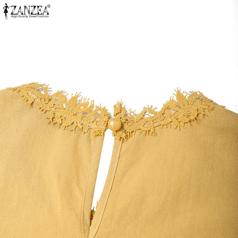 ZANZEA Abito Tunica Casual Vintage da Donna con Scollo Rotondo e Maniche Corte con Patchwork di Pizzo