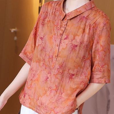 Cotton Linen Shirt Women's Spring Summer Loose Floral Print Blouse