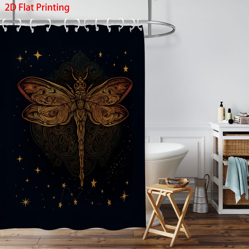 1Pc Dragonfly Print Black Waterproof Shower Curtain Bathroom Partition Privacy Multiple Sizes 12 Hooks Easy To Install