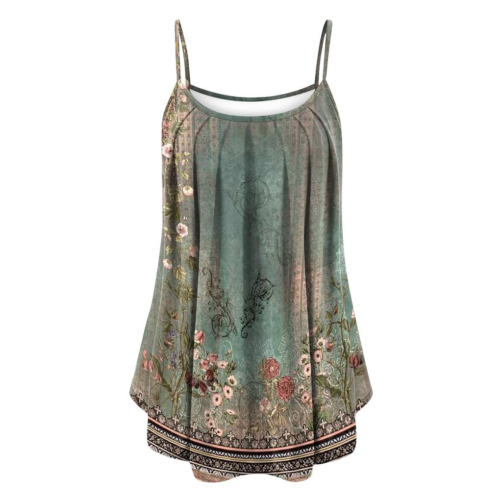 Women's Fashion Summer Casual Vest Sleeveless Retro Florwer Print Loose Tank Large Beach Dress