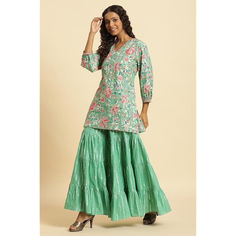 W Women s Green Floral Printed Cotton Kurta Dupatta Bottomwear with Mirror Work XL зелёный