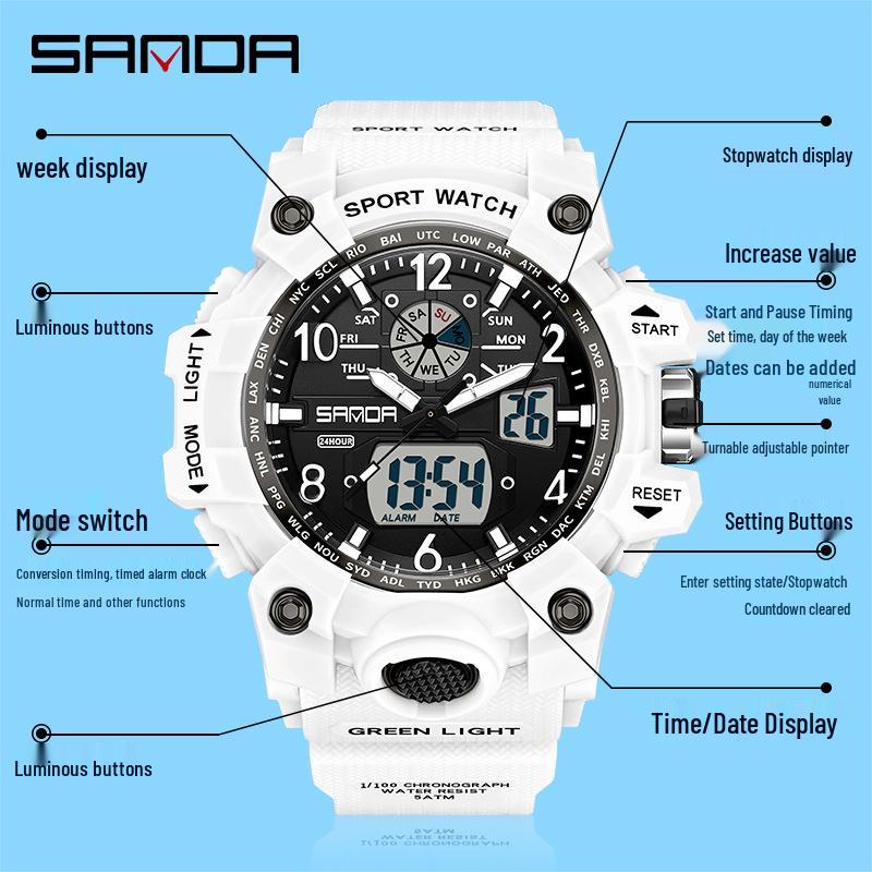 Sanda Men's Waterproof Luminous Multifunctional Sports Watch with Alarm