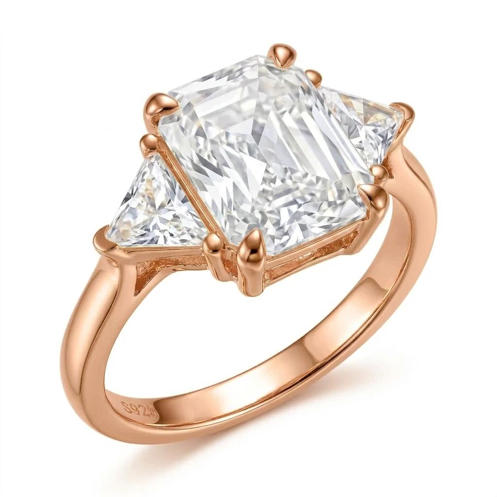 18K Gold Plated S925 Silver Emerald Cut Three Stone Moissanite Ring Triangle Side Stone Band Engagement Wedding Ring for Women