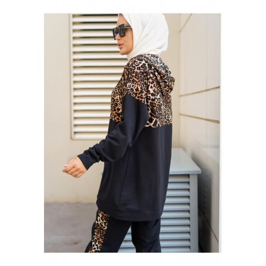 Damen-Doppel-Trainingsanzug-Set mit Leoparden-Details