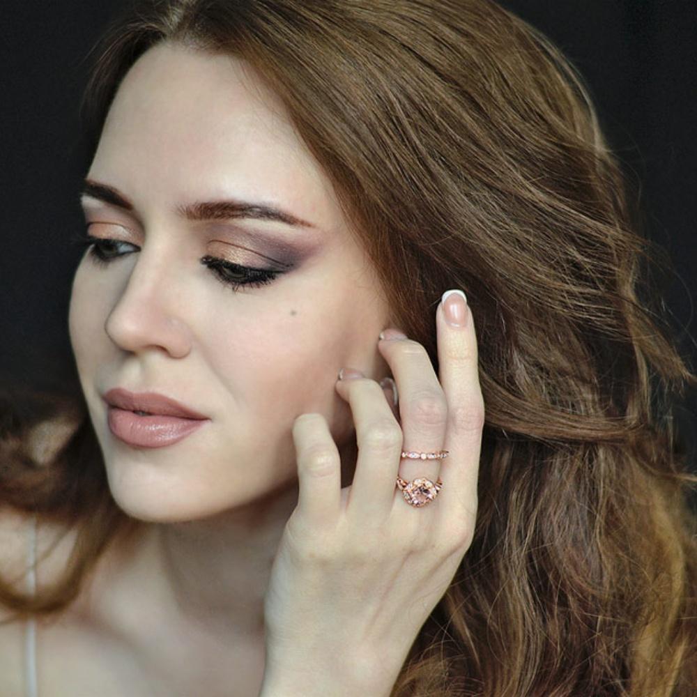 Set de inele florale rafinate 2-în-1 Nano Morganite, cadou pentru propunerea de Valentine, bijuterii pentru femeie