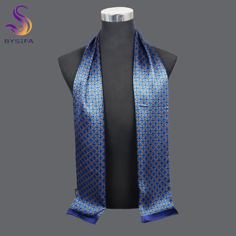 [BYSIFA] New Black Blue Plaid Men Silk Scarf Fall Winter 100% Pure Silk Male Long Scarves Spring Warmer Scarf Cravat160*26cm
