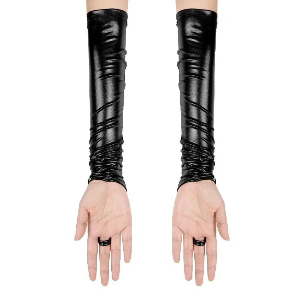 Fingerless Design Women Latex Gloves Rivets Detail Long Metallic Gloves Shiny Surface Stretchy Material Wetlook Gloves