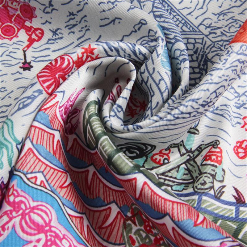 POBING Silk Scarf Women Castle Print Square Scarves Head Echarpes Silk Foulards Femme Wraps Beach Shawl Bandana Lady Hijabs 90CM