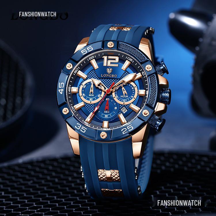 LONGBO Multifunktionale Herren-Sport-Quarzuhr - Wasserdicht, Leuchtend, mit Kalender und Silikonarmband