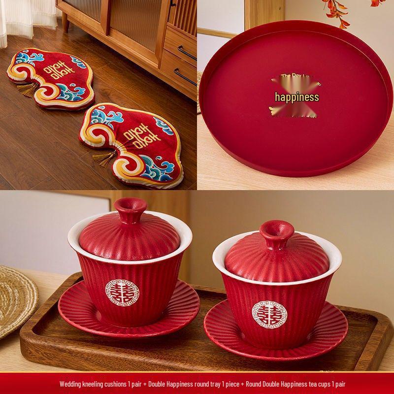 Red Wedding Kneeling Cushions for Tea Ceremony and Bride's Address Change - Complete Cotton Set.