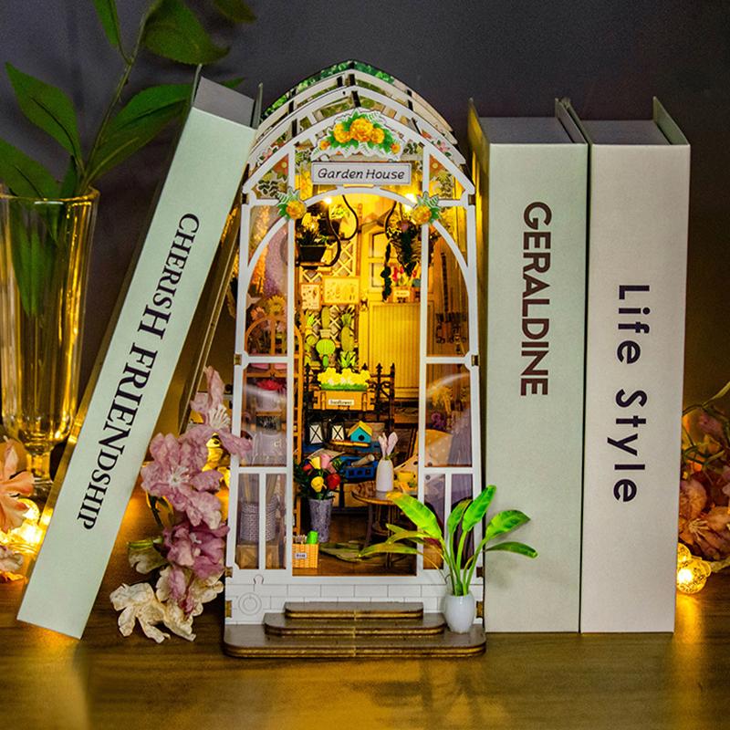DIY Garden House Book Nook Shelf Insert Miniature Building Kits Wooden DollHouse Flower Garden Room Bookshelf with LED Lights