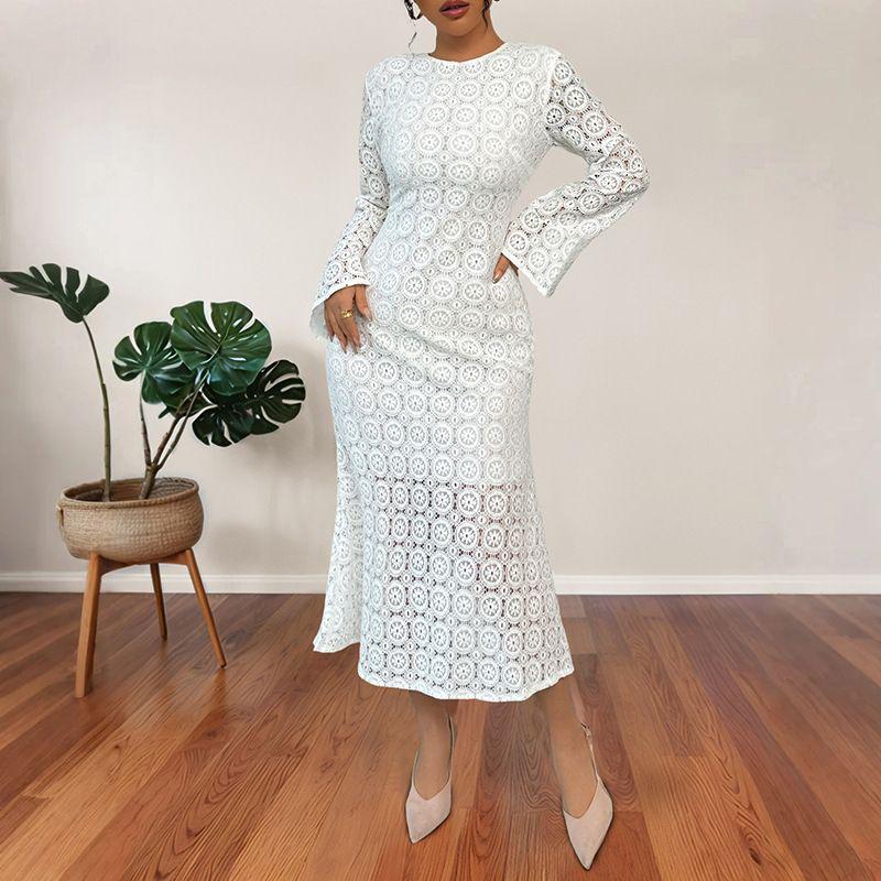 

Autumn New European and American Elegant Elegant Lace Slim fit Fishtail Dress Women White S