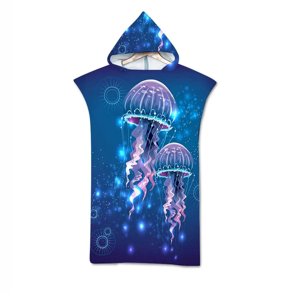 Jelly Fish Bath Beach Towel with Hood Microfiber Soft Hooded Robe Towel Poncho for Swimming Beach Surf Woman Bathrobe Beachwear