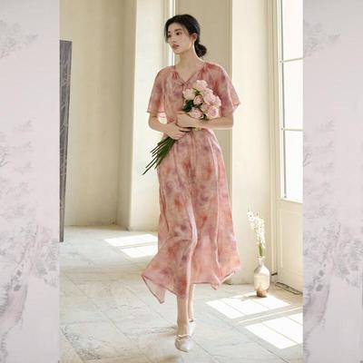 JK&JS 2025 Autumn New Chinese Style V-Neck Floral Dress