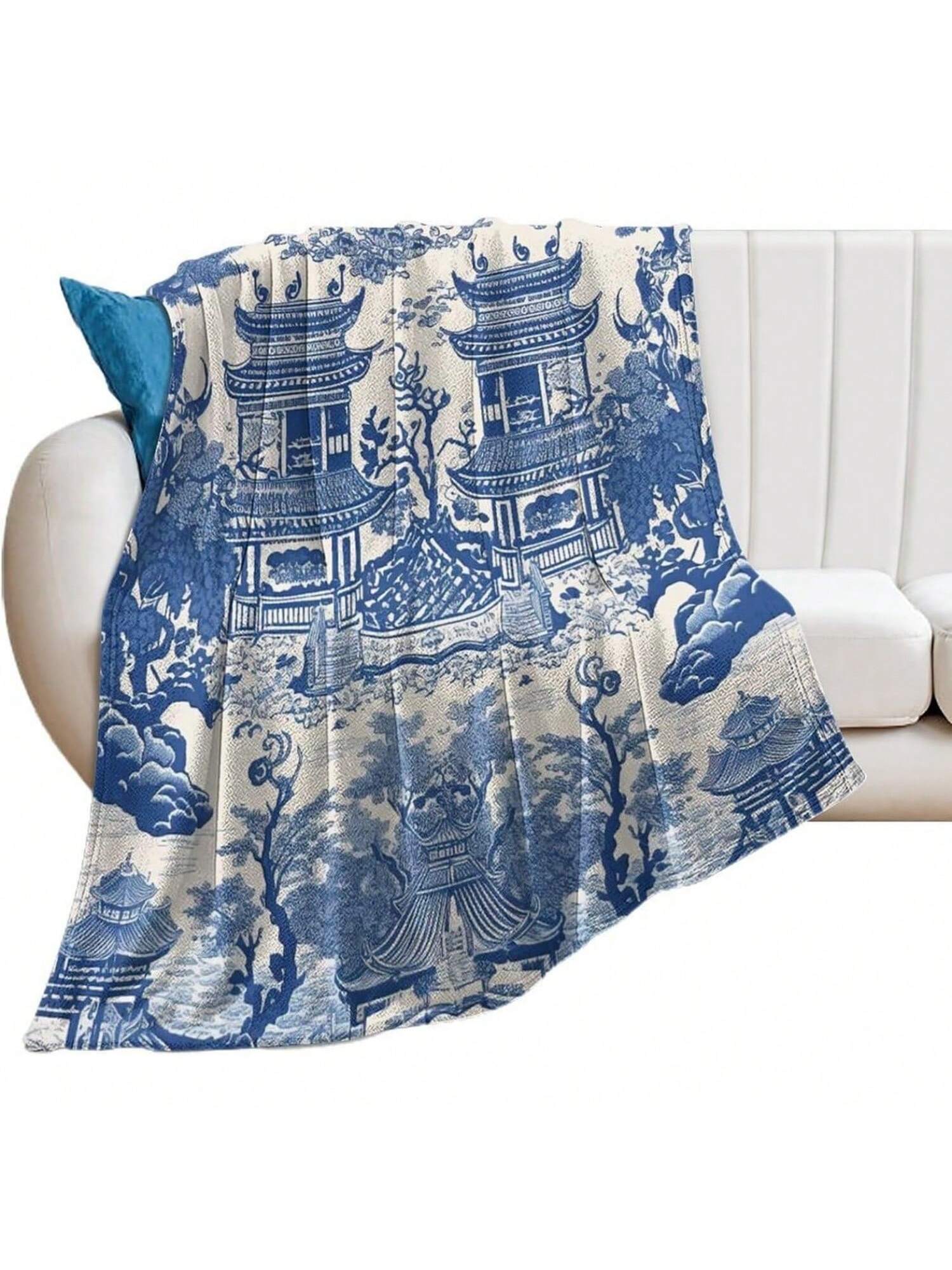 

Throw Blanket For Couch Office Bed Blue And White Porcelain Chinese Style Building Pattern Lightweight Plush Fuzzy Cozy Soft Blankets And Throws 75X95CM серый