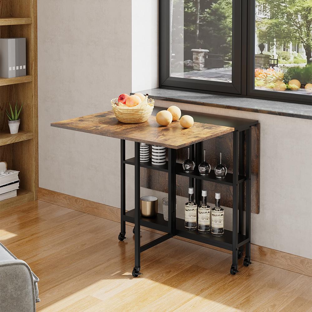 Vintage Style Kitchen Dining Table, Foldable Table with Wheels and Storage Shelves, Durable Metal Black Legs, Space-Saving Design, 120x80x76cm