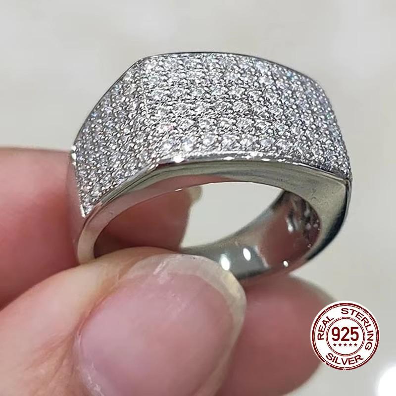 Fashion Micro Inlaid Flat Zircon  Sterling Silver Rings for Women Wedding Statement  with Stamp Vintage Accessories