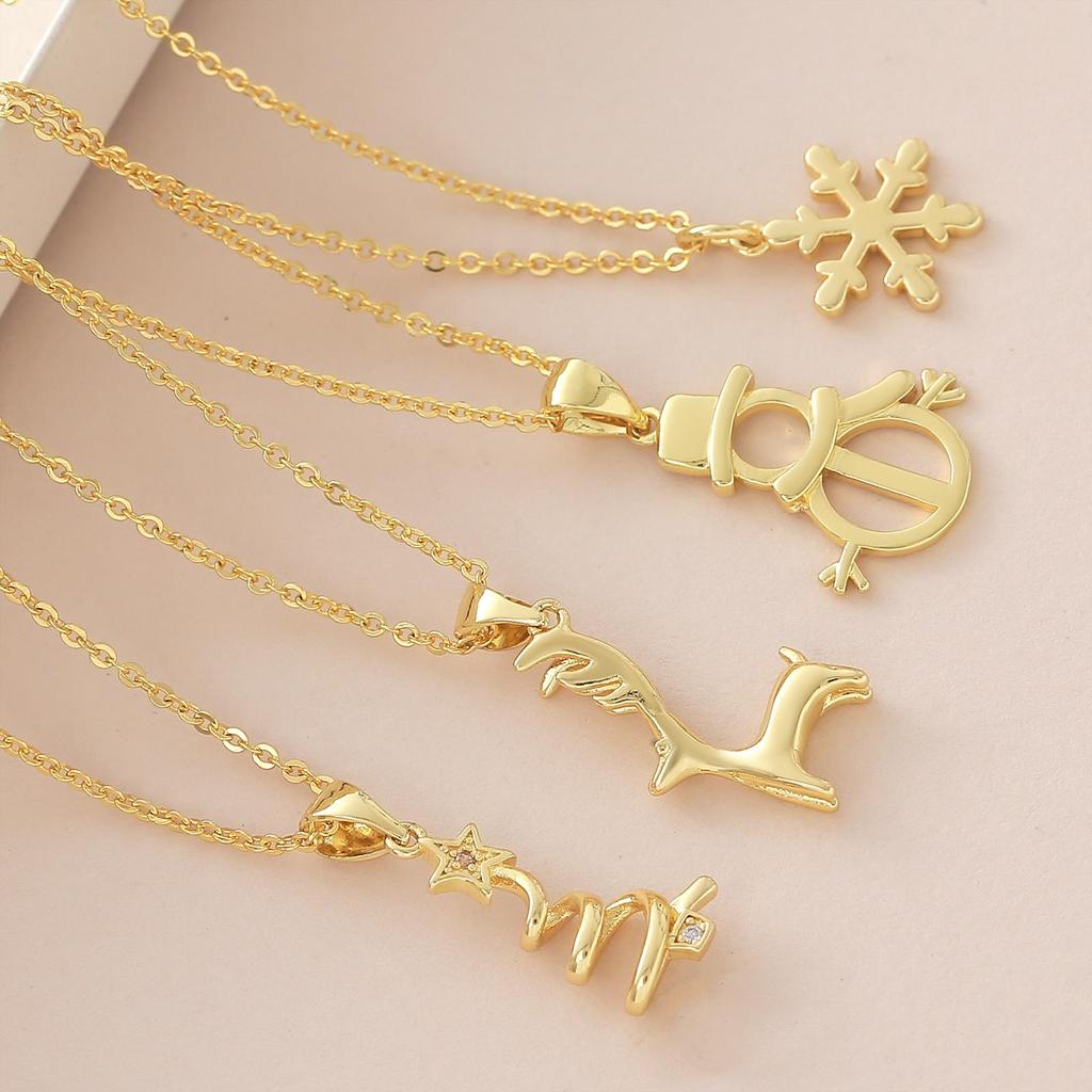 Gold-Plated Christmas Pendant Necklace: Snowman, Snowflake & Reindeer Charm - Perfect Gift for Her