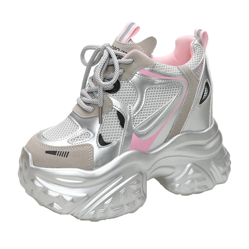 

Новая осенняя дышащая женская повседневная обувь Модные туфли на высоком каблуке Женские танкетки Сетчатые кроссовки 10 см Толстая подошва Кроссовки Обувь на платформе 34 розовый