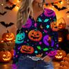 Women’s Casual Halloween Bat Print V Neck Decorative Button Long Sleeve T Shirt Top for Daily Wear and Holiday