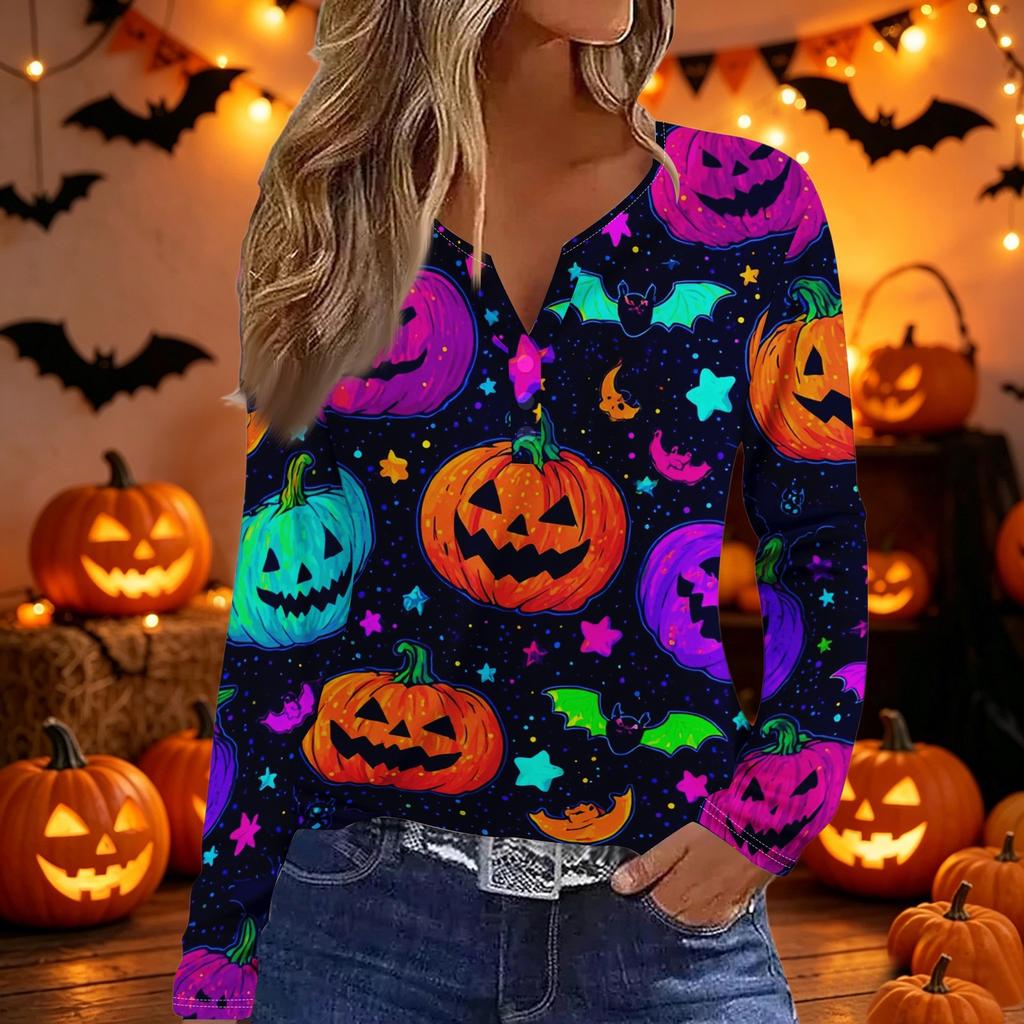 Women’s Casual Halloween Bat Print V Neck Decorative Button Long Sleeve T Shirt Top for Daily Wear and Holiday