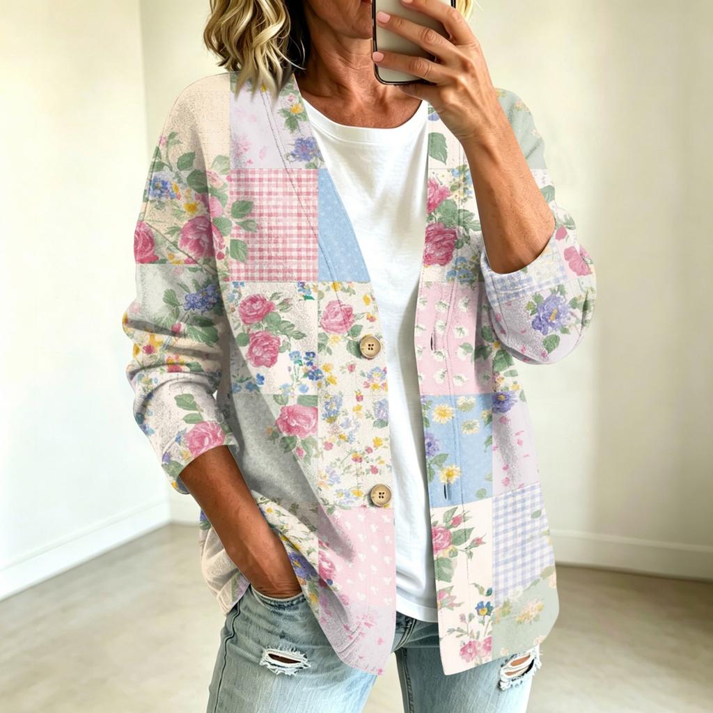 Women's fashionable casual buttoned patchwork fabric printed coat