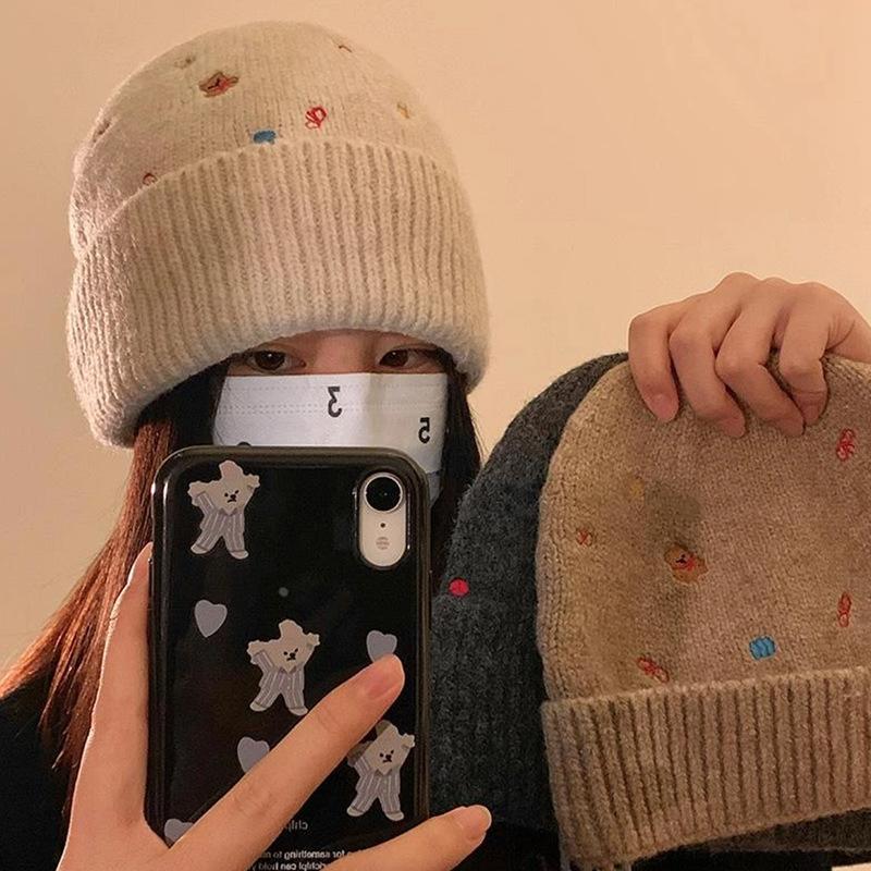 Embroidered Wool Hat for Women In Autumn and Winter Korean Version of Warm Knitted Hat Showing Face Small Ear Protection Bag Head Cold Hat for Men