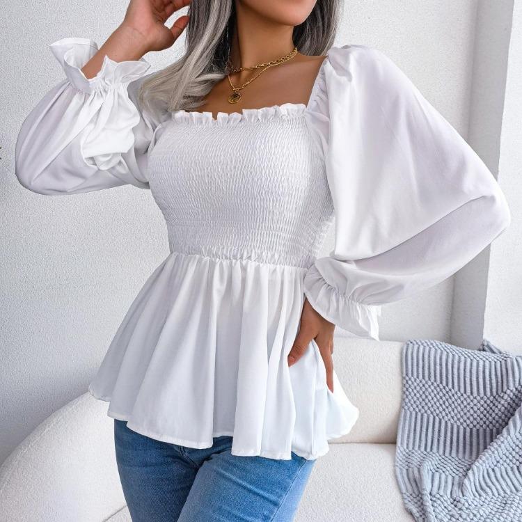 Summer Women Chiffon Shirt Long Sleeve Square Neck Solid Color Tops with Wooden Ears
