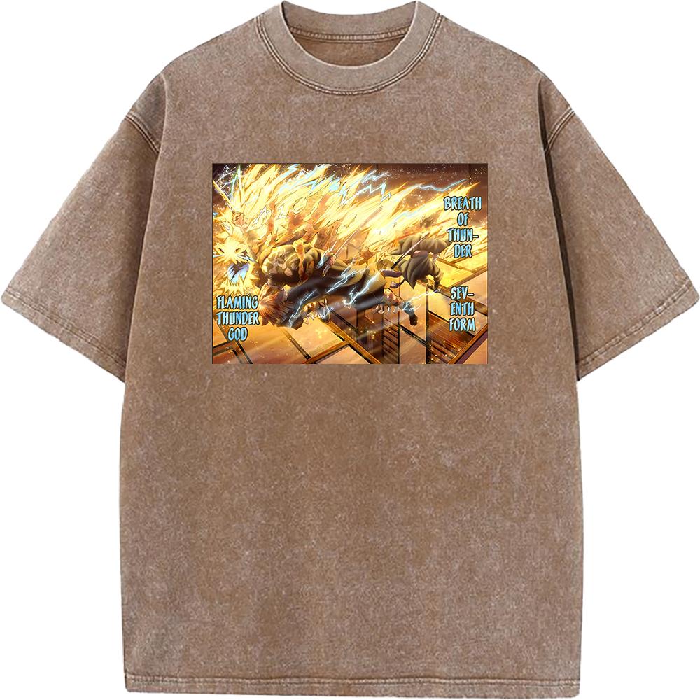 Hot Anime Demon Slayer Agatsuma Zenitsu Kaigaku Print T-shirt Men Retro Washed Tshirts Casual Cotton T Shirt Harajuku Male Tops