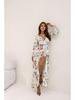 2024 Summer European & American Print V-neck Slit Dress with Long Sleeve & Waist Tie