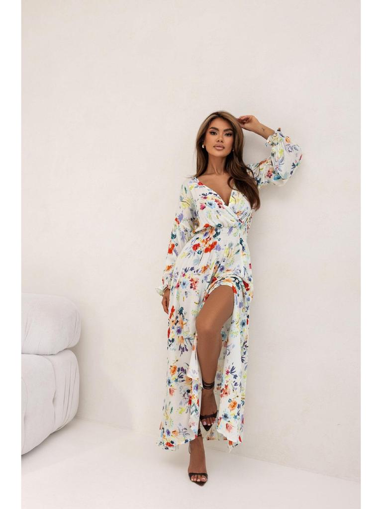 2024 Summer European & American Print V-neck Slit Dress with Long Sleeve & Waist Tie