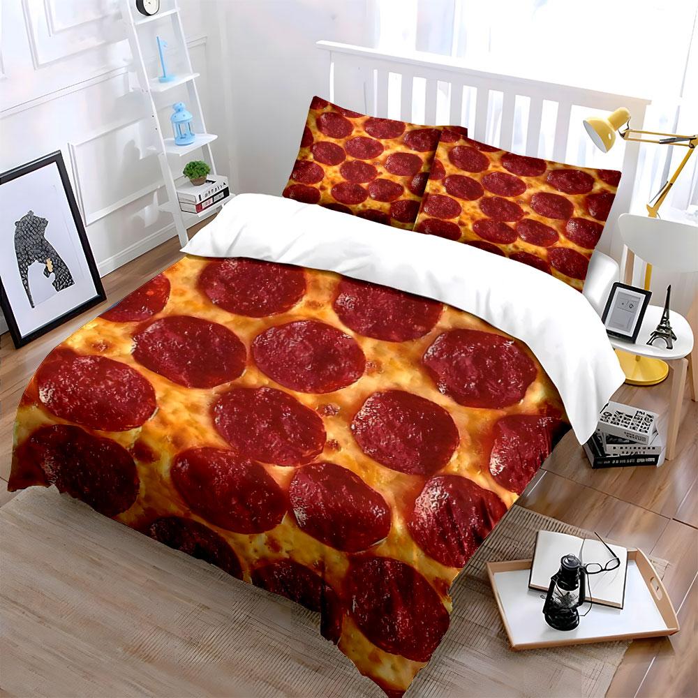 Fette di pepperoni su pizza al formaggio Set Biancheria da Letto Stampata 1 Copripiumino 2 Federe per Adulti e Bambini Regalo di Lusso Misura Matrimoniale