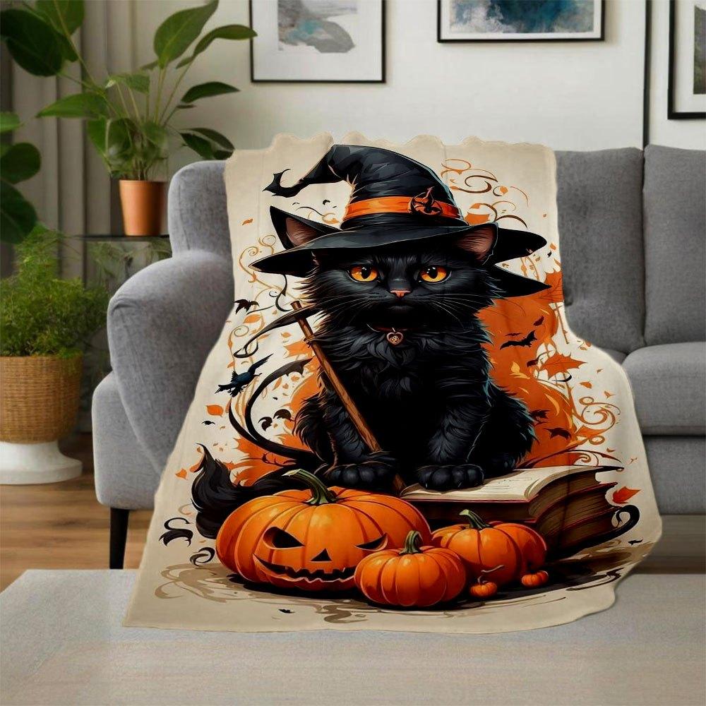 "Halloween Witch Cat Decorations - Spooky Black Cat with Hat"Blanket Flannel Throw Blanket for Sofa, Bed, Travel, Camping, Office