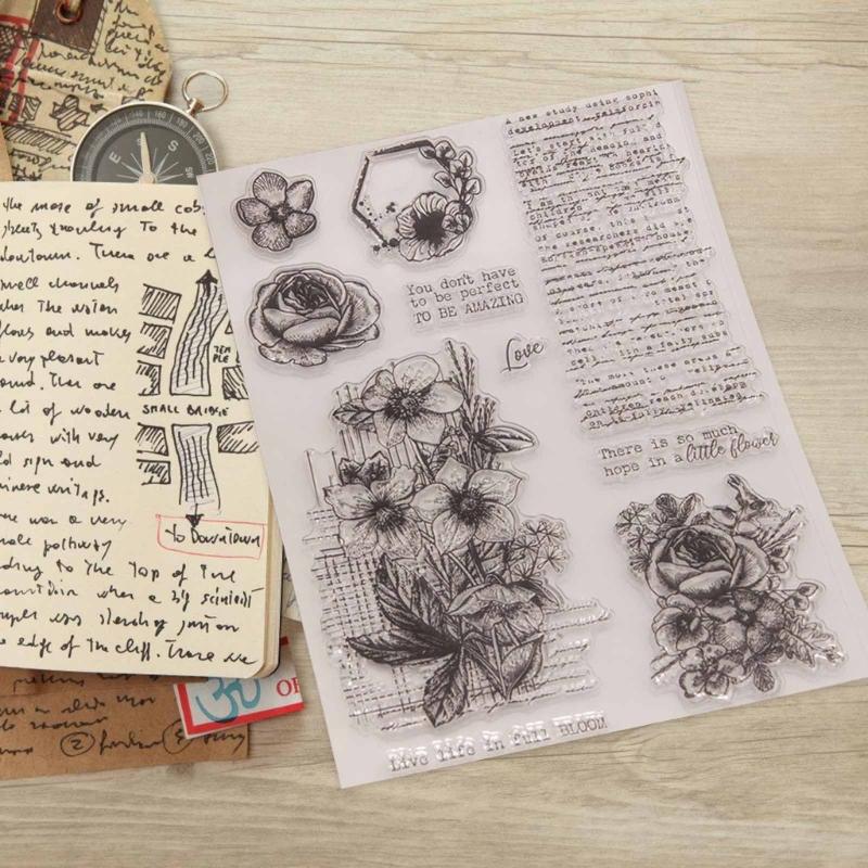 Flower Clear Stamps Words Background Silicone Stamps Transparent Stamps Seal for Scrapbooking Card Making Decoration