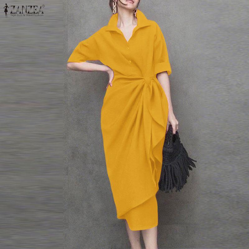 ZANZEA Women Classic Collar Summer Casual Half Sleeve Sheath Dress
