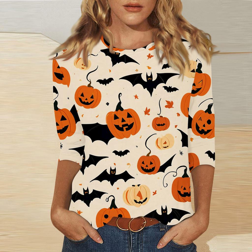 Women's Fashion Casual Three-quarter Sleeve Halloween Printed Round Neck Top