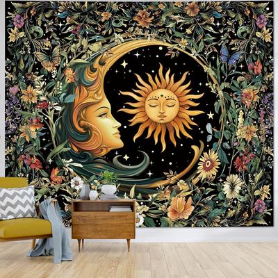 Boho Sun and Moon Tapestry Aesthetic for Bedroom, Bohemian Vintage Mandala Mystic Floral Tapestry Wall Hanging Art Decor