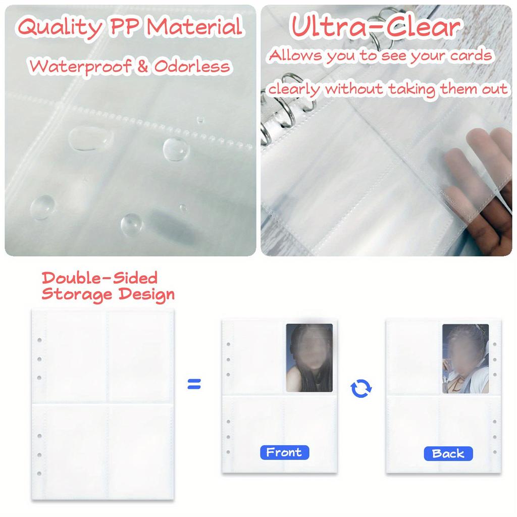 4 Pockets Top Loading Card Sleeves (200 Pockets) – Double-Sided Page Protector for 6 Ring Binder, Holds 2.7"x3.7" Cards: Kpop Photocard, Game