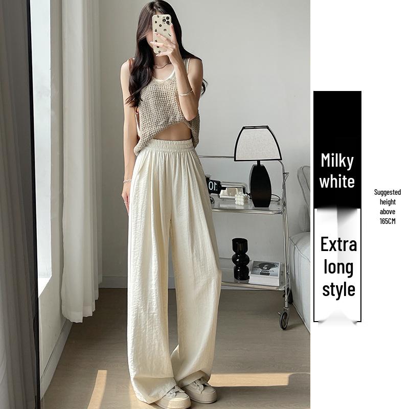 

Women s High-Waist Ice Silk Wide-Leg Pants - White Milk Puff, Spring/Summer 25, Small Size M