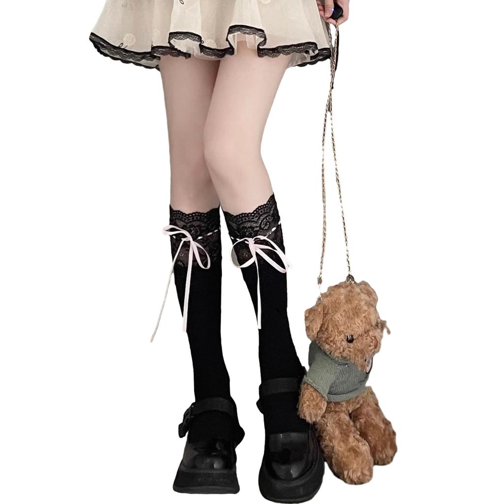 Women's Sweet Lace Frilly Knee Highs Socks Cotton Calf Socks Solid Thigh Highs Stockings Cute Knee Highs Stockings Gifts