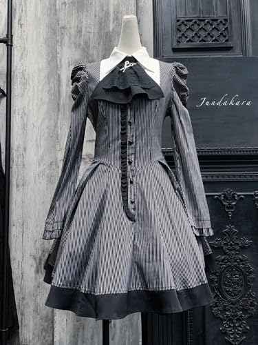 [Jundakara] Gothic Striped Dress for Women, Long Sleeves, Short Length, Cute and Dark Style, Detachable Ribbon, A-Line, Classical Fashion, Gothic Loli