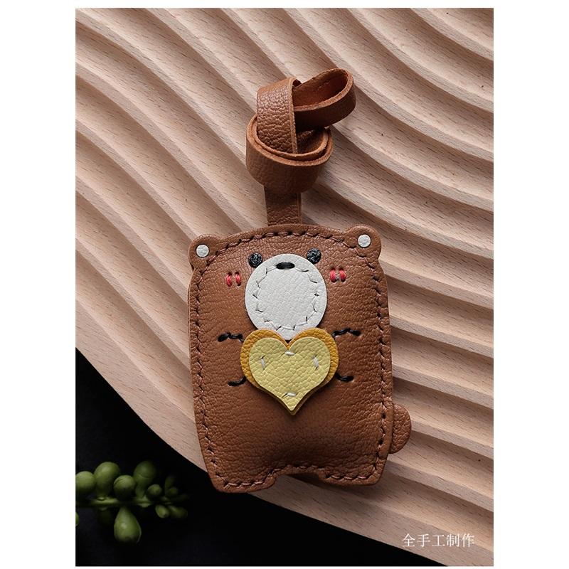 Teddy Bear Bag Keychain Genuine Leather Car Accessory Handmade Small Decoration