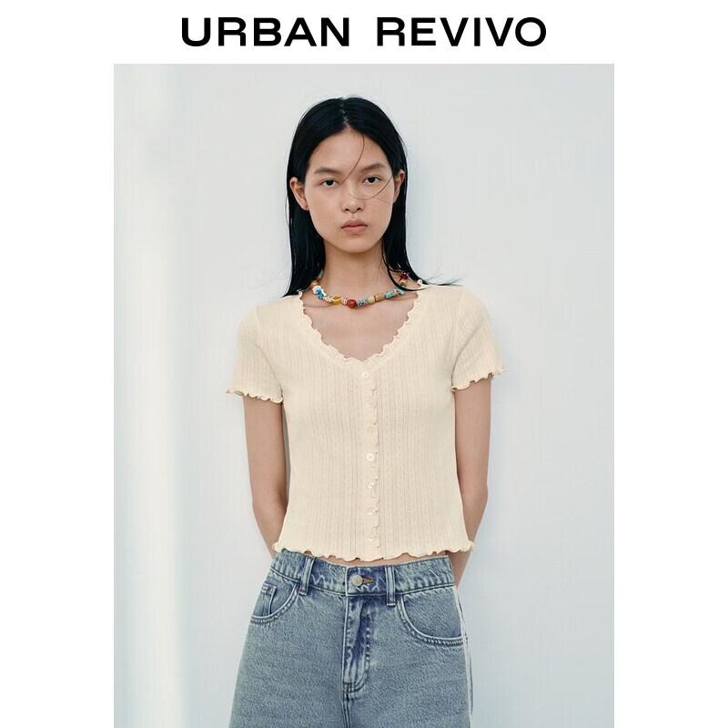 UR2026 Women s Lace Trim V-Neck Cotton T-shirt L