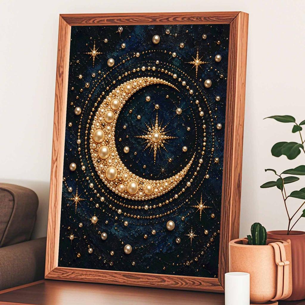 Unique 5D Framed Pearl Painting Kit with Golden Crescent Moon Starry Night Sparkling Bead Art Canvas DIY Handmade Craft for Living Room Decor