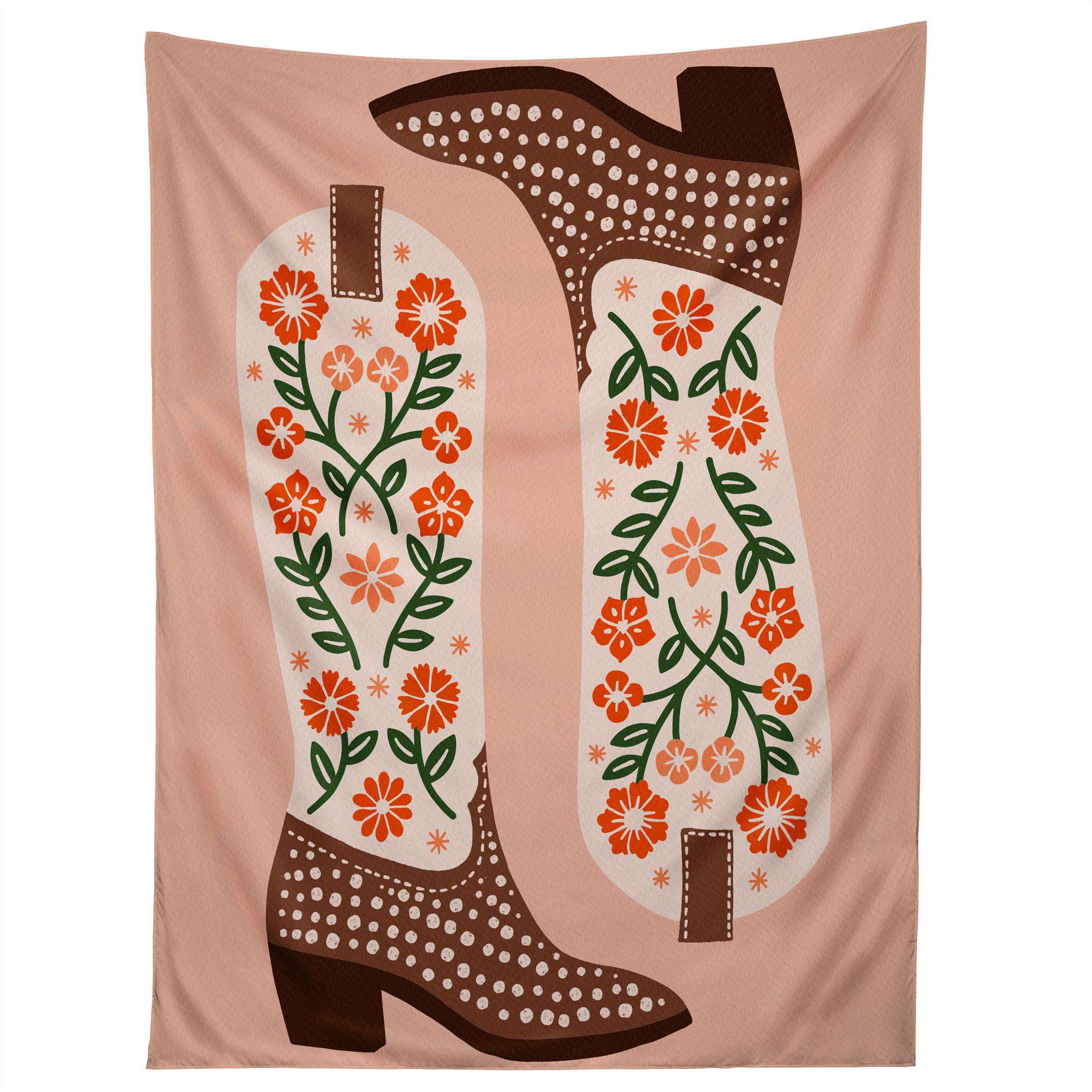 COWGIRL BOOTS ORANGE AND GREEN tapestry 75x100
