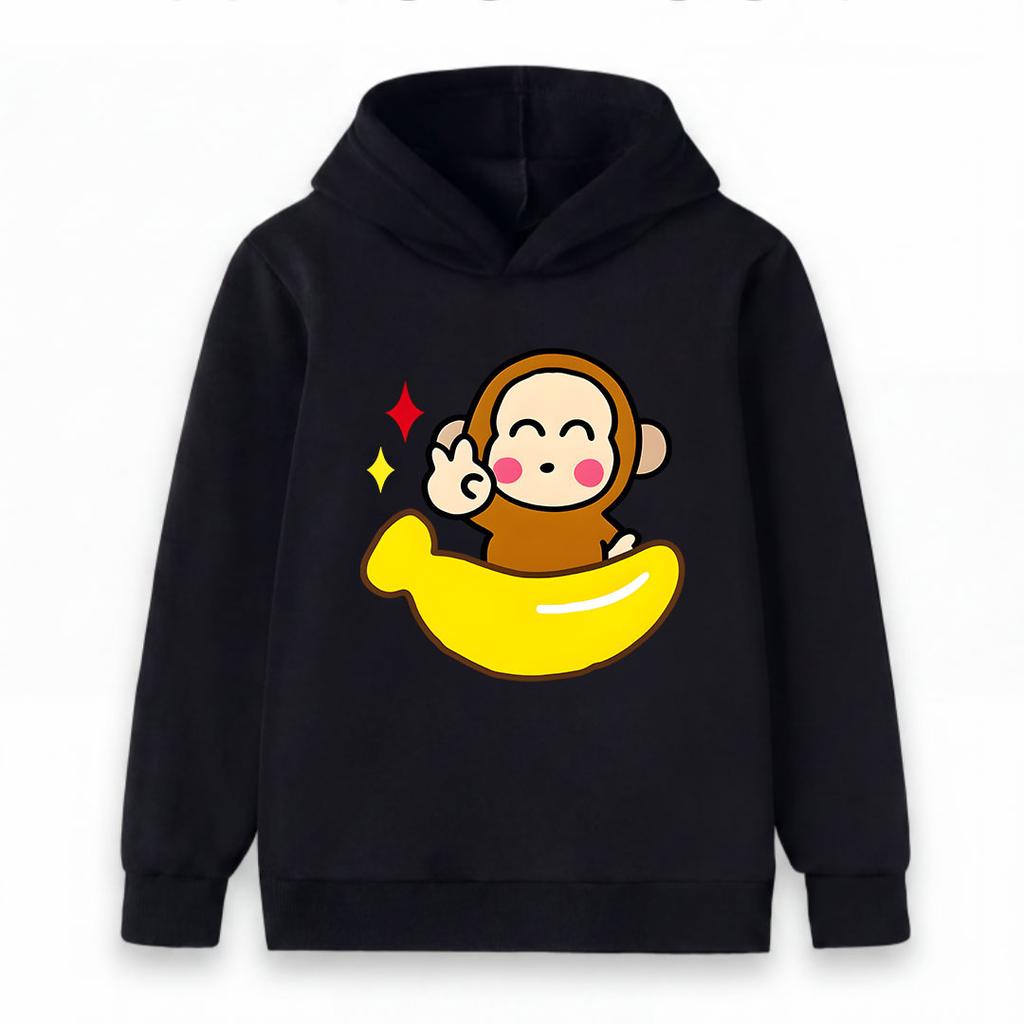 Kids Boys Girls Cute Cartoon Monkey Banana Print Hooded Pullover Sweatshirt, Casual Soft Long Sleeve Crew Neck Hoodie for Toddlers, Ideal