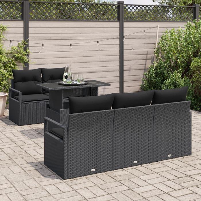 Ensemble de Canapés de Jardin de 6 Pièces avec Coussins en Noir Rattan Poly, Canapé de Jardin 2 Places avec Rangement 3357476