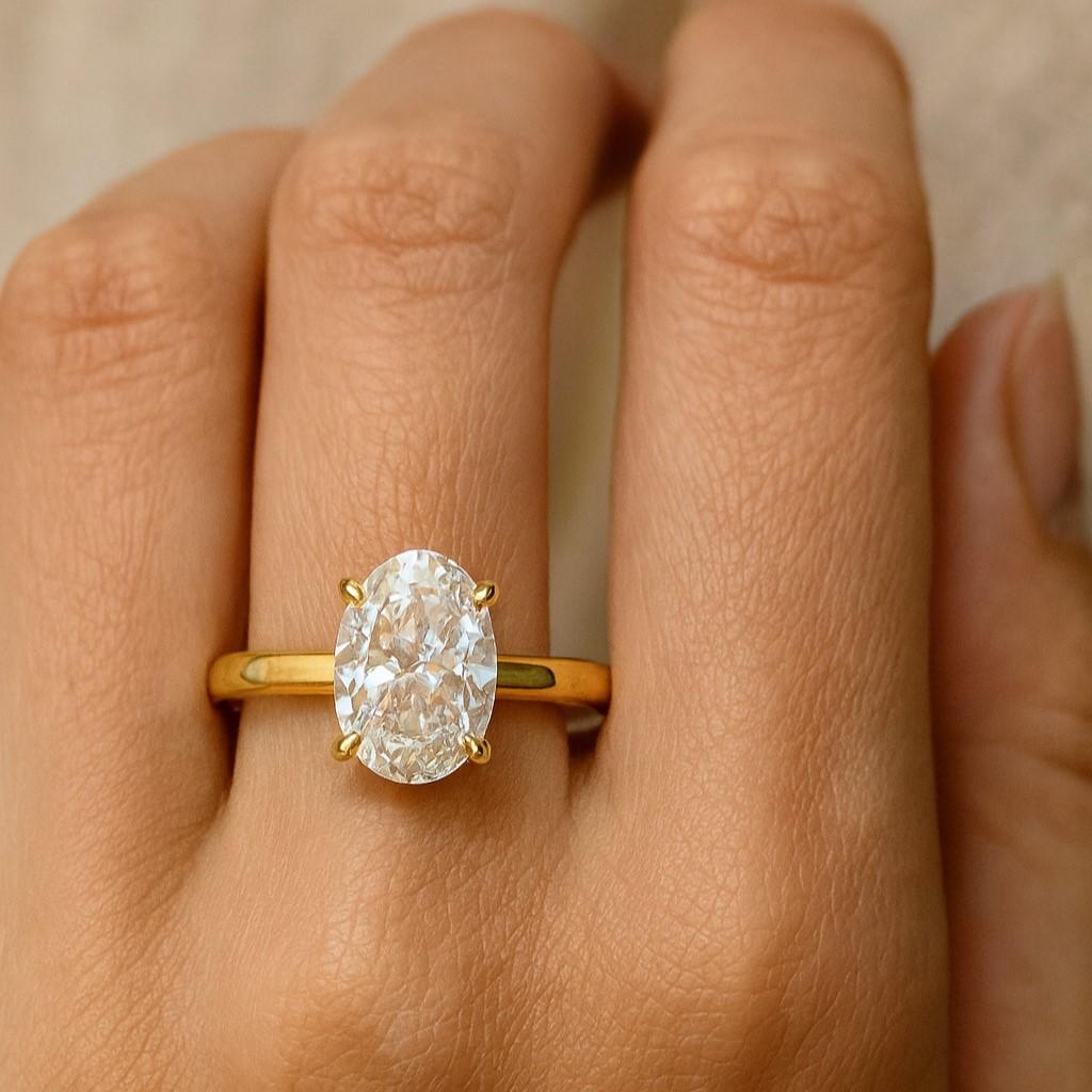 Oval Cut Diamond Ring – Yellow Gold Plated Solitaire Ring, Engagement, Wedding, Anniversary, Promise Ring, Gift for Her