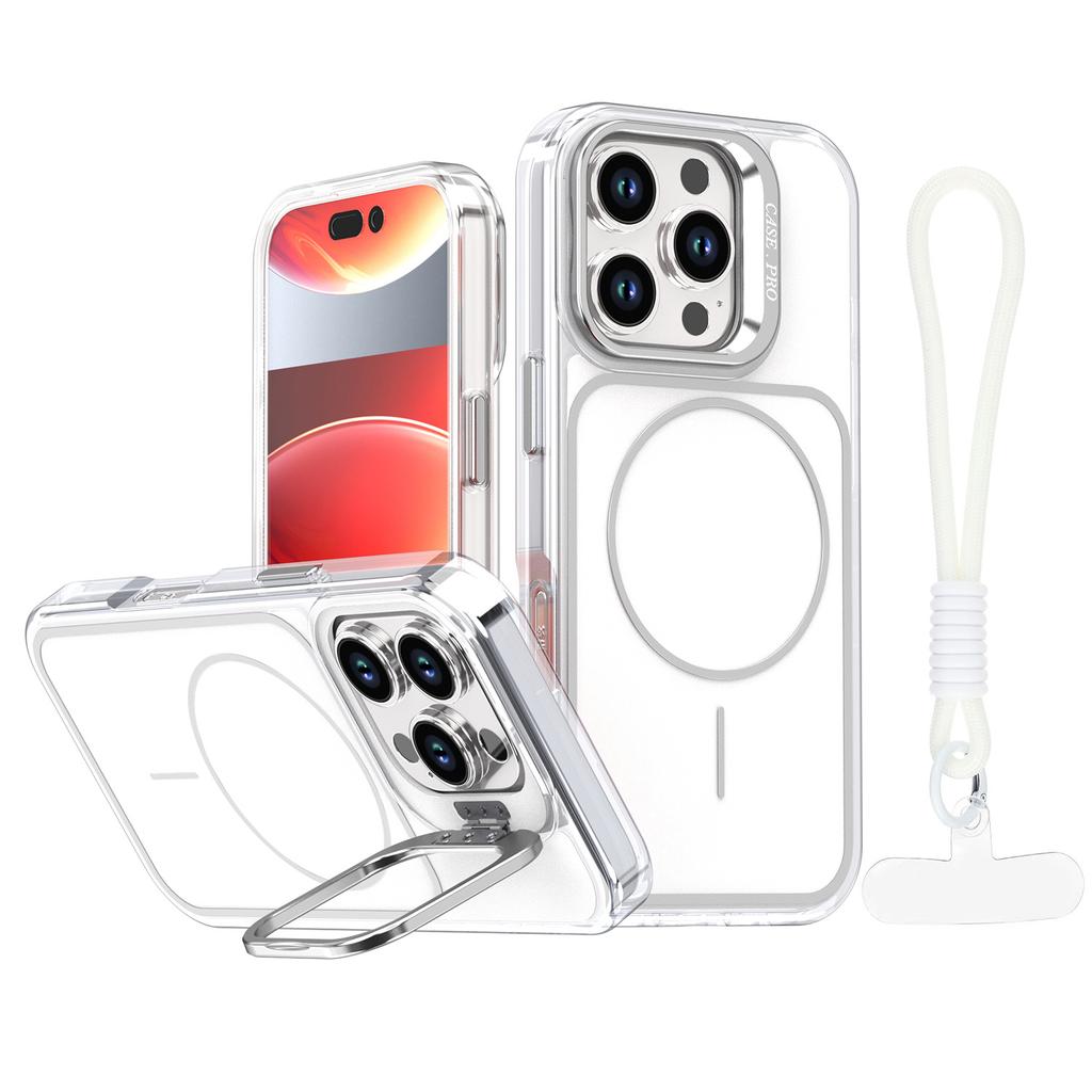 For iPhone 16 Pro Max Case Compatible with MagSafe Lens Kickstand TPU Acrylic Phone Cover with Matching Hand Strap